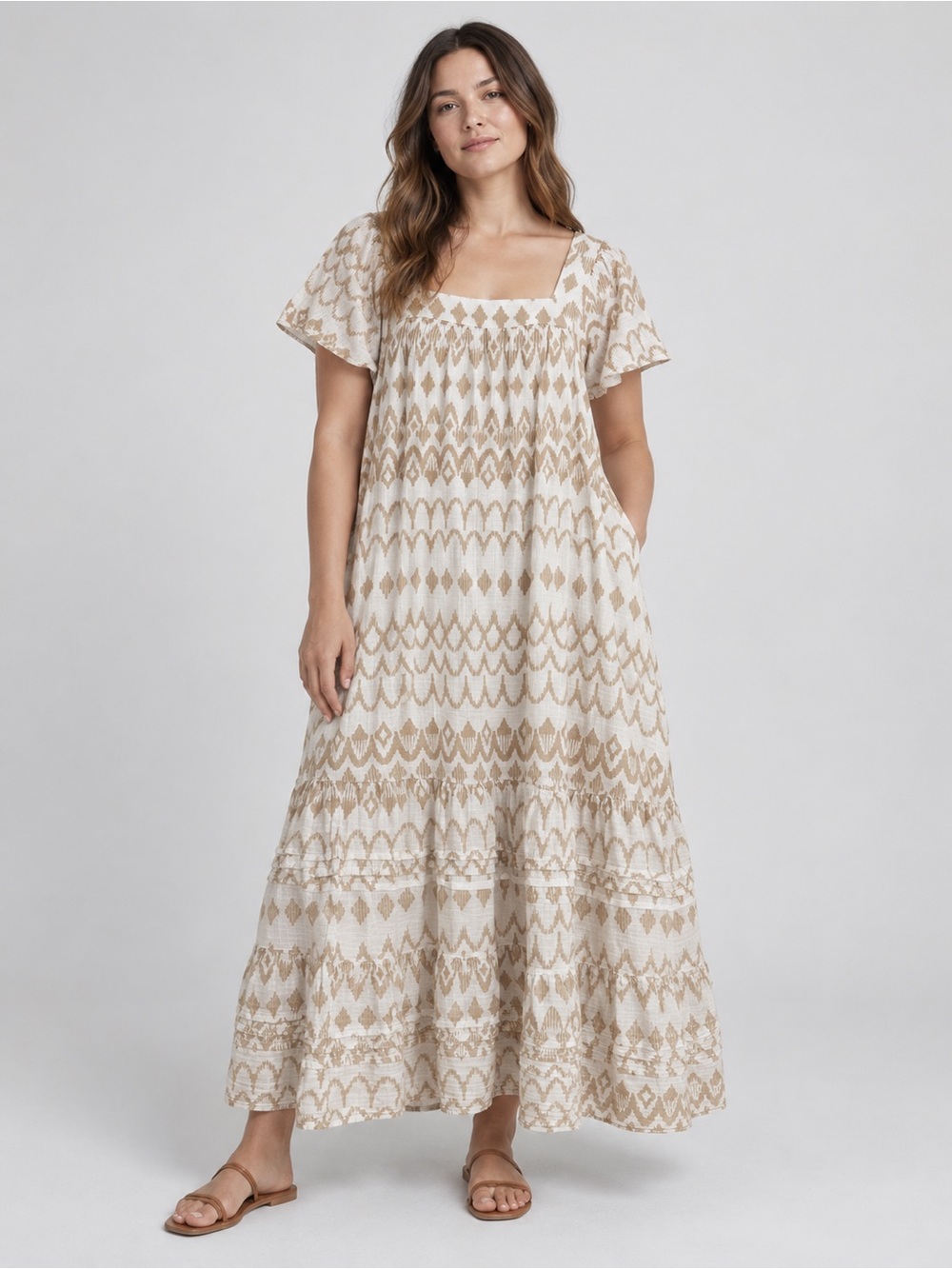 Sonoma Tiered Maxi Dress 100% Cotton Flowy Plus Size XXL Tan White Casual Boho